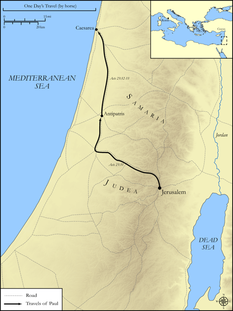 Bible map: Acts 23 — Jerusalem to Caesarea
