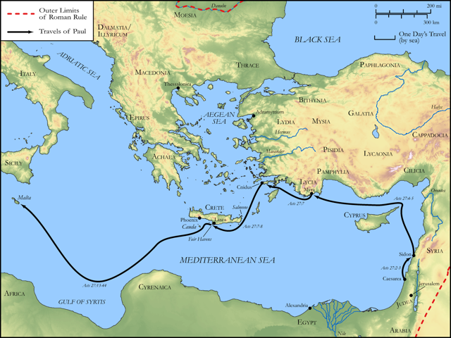 Bible map: Acts 27 — The Voyage Toward Rome