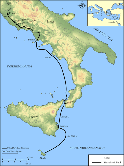 Bible map: Acts 28 — Malta to Rome