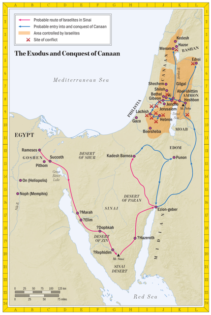 Bible map: The Exodus and Conquest of Canaan