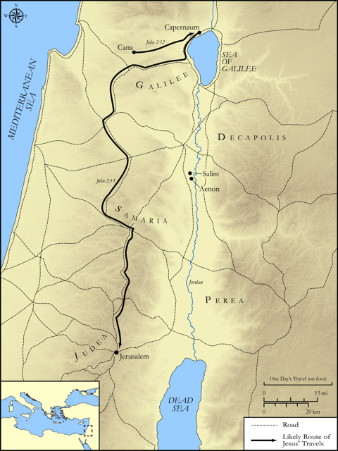 Bible map: John 2-3 — Cana to Jerusalem