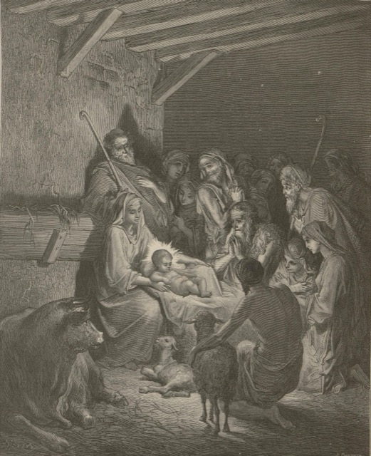 Engraving of the child in the manger surrounded by light and worshippers