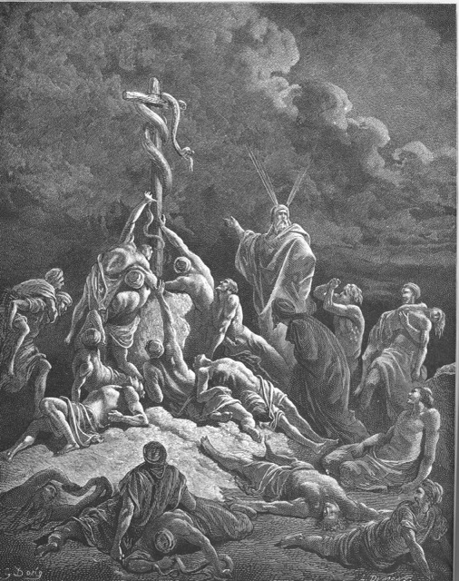 Engraving of the serpent lifted on a pole above the stricken camp