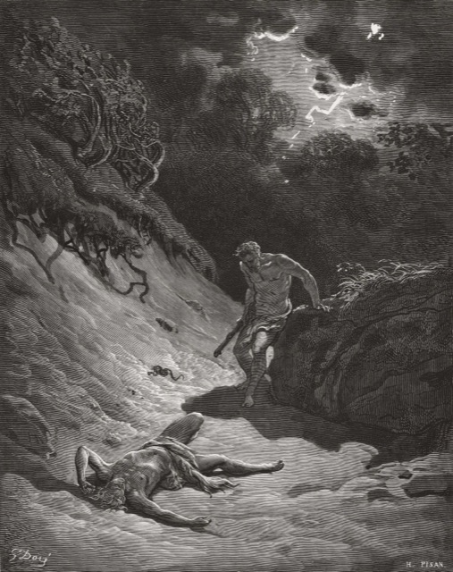 Engraving of Cain standing over the fallen Abel in a darkened field
