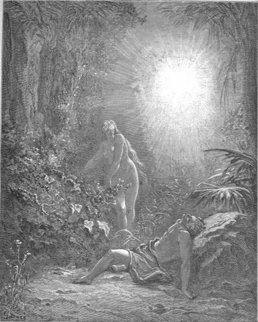 Engraving of Eve brought to the sleeping Adam in the garden