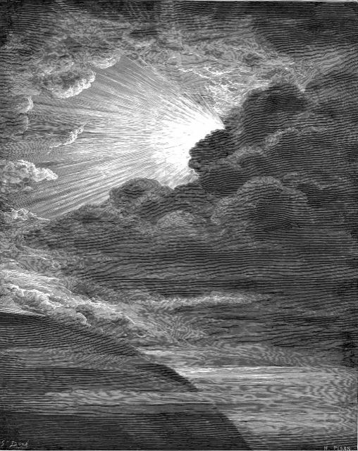 Engraving of light breaking through clouds over the dark deep