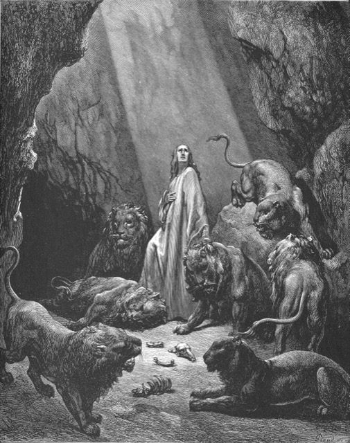 Engraving of Daniel praying calmly among the lions