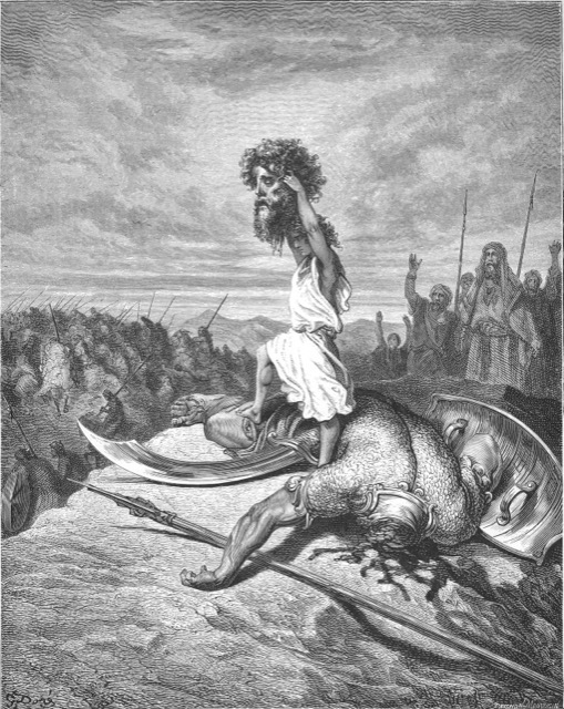 Engraving of David standing over the fallen Goliath before the armies