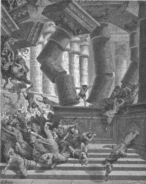 Engraving of Samson pushing apart the pillars as the temple falls