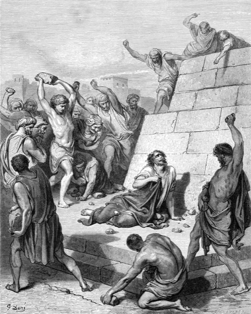 Engraving of Stephen kneeling under the stones with his gaze lifted to heaven