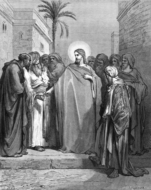 Engraving of Jesus disputing with the Pharisees in the temple courts