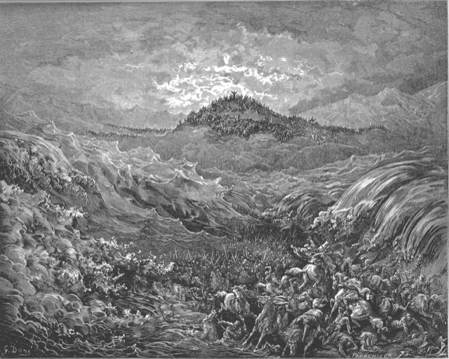 Engraving of Pharaoh's chariots overwhelmed by the returning sea