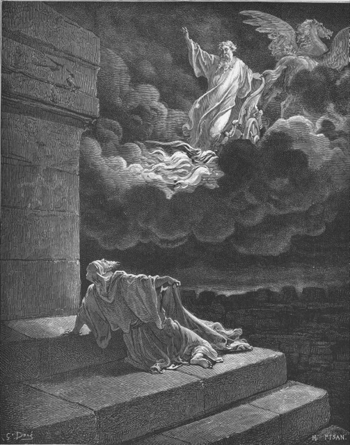Engraving of Elijah carried heavenward in a fiery chariot as Elisha looks on