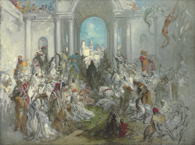 Engraving of Jesus riding into Jerusalem through crowds spreading branches
