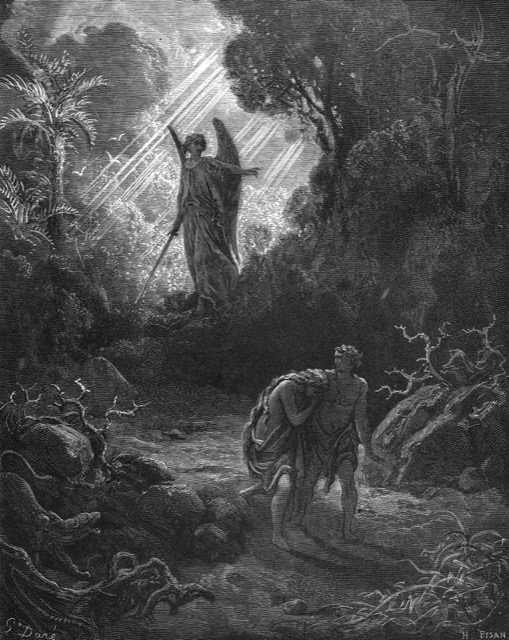 Engraving of Adam and Eve driven from the garden by an angel
