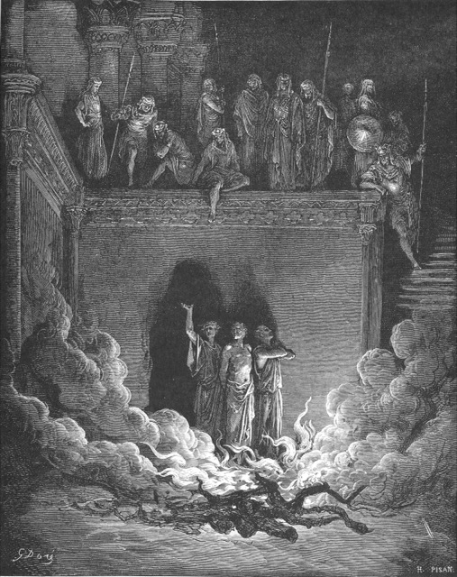 Engraving of the three men unharmed in the furnace with a fourth beside them