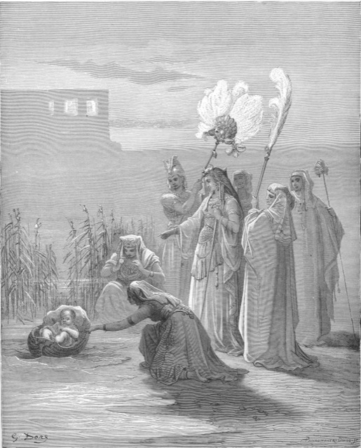 Engraving of Pharaoh's daughter and her attendants finding the infant Moses among the reeds