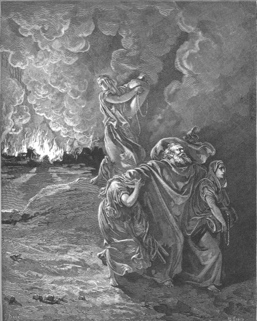 Engraving of Lot and his daughters fleeing the burning cities