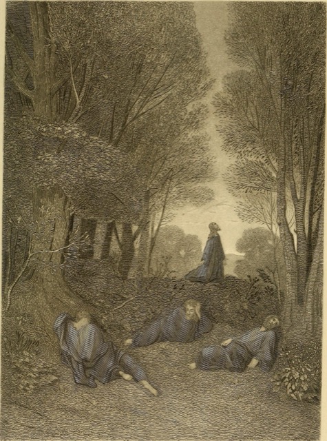 Engraving of Jesus praying alone in Gethsemane while the disciples sleep