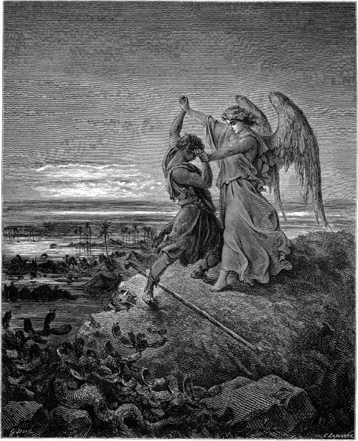 Engraving of Jacob grappling with the angel beside the Jabbok