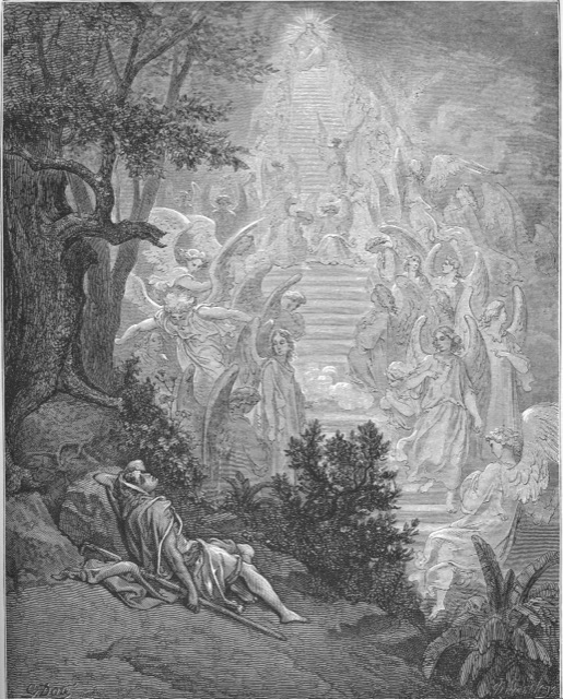 Engraving of Jacob asleep beneath a stairway of angels ascending to heaven