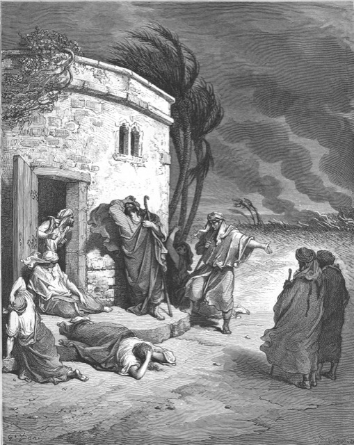 Engraving of Job bowed in grief as messengers bring word of his losses