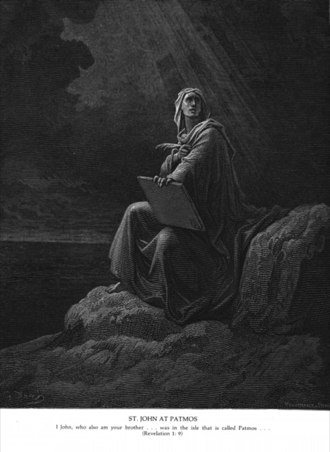 Engraving of John on the rocky isle of Patmos receiving the vision