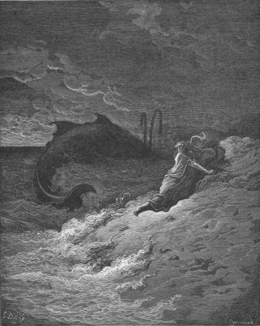 Engraving of Jonah cast onto the shore from the mouth of the great fish