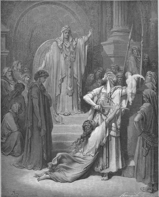 Engraving of Solomon enthroned judging between the two women and the child