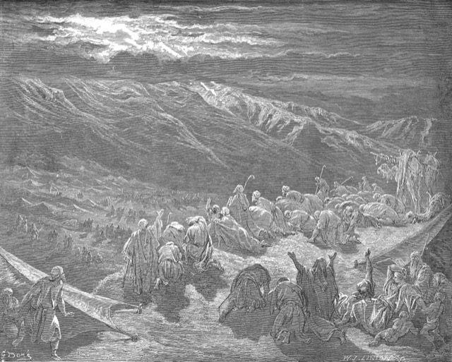 Engraving of Sinai wreathed in storm cloud as the people tremble below