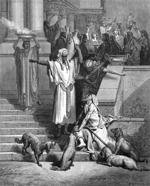 Engraving of Lazarus lying at the gate while the rich man feasts