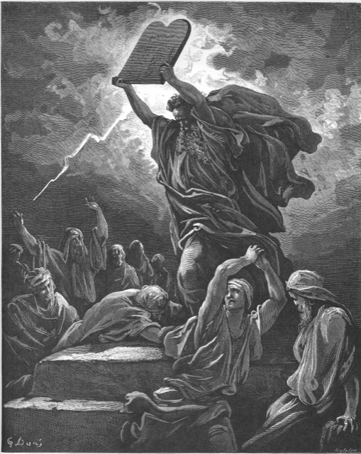 Engraving of Moses casting down the stone tablets before the camp