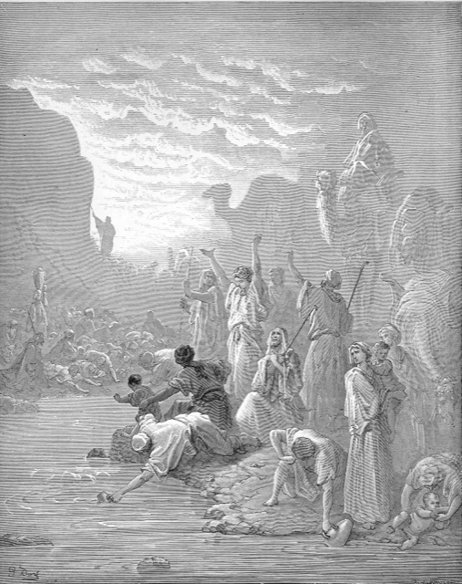 Engraving of water bursting from the struck rock as the Israelites rush to drink