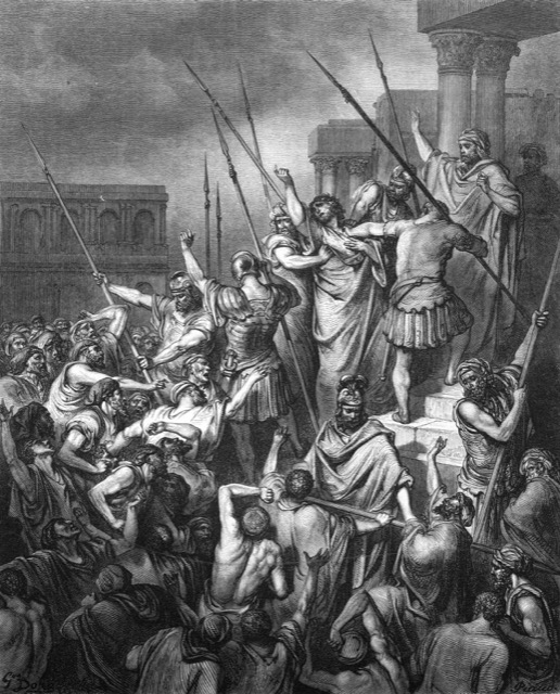 Engraving of Paul speaking to the crowd from the steps under Roman guard