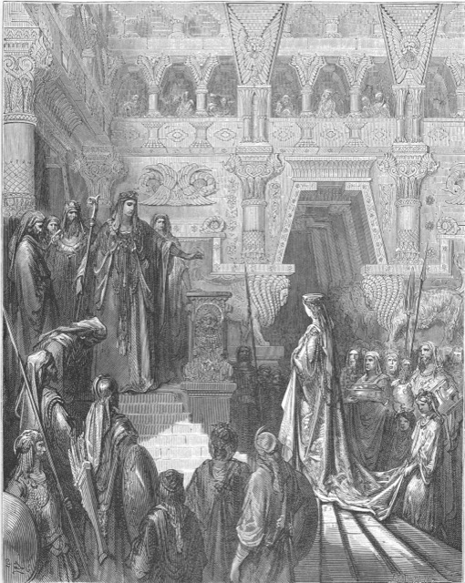 Engraving of the Queen of Sheba arriving before Solomon's throne with her retinue