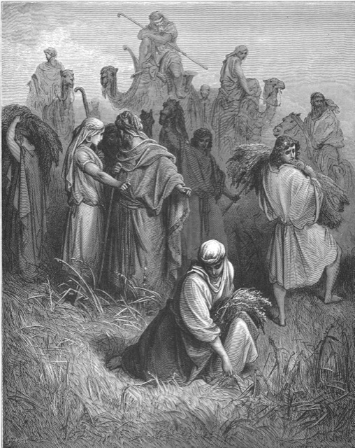 Engraving of Ruth gleaning while Boaz watches from among the harvesters