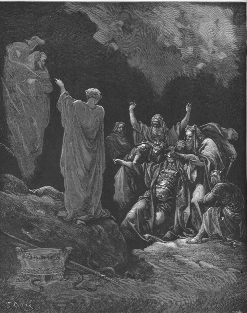 Engraving of Saul recoiling as the shade of Samuel rises before the medium
