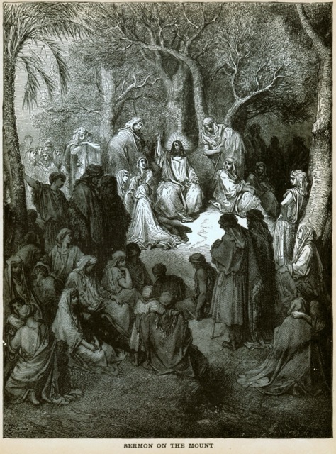 Engraving of Jesus preaching on the mount to the gathered crowds