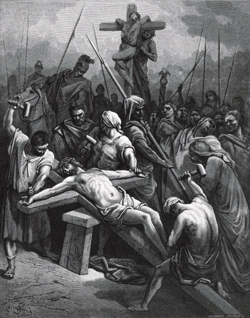 Engraving of the crucifixion at Golgotha under a darkened sky