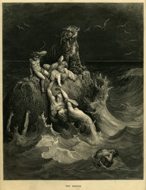 Engraving of people and animals clinging to a rock as floodwaters rise