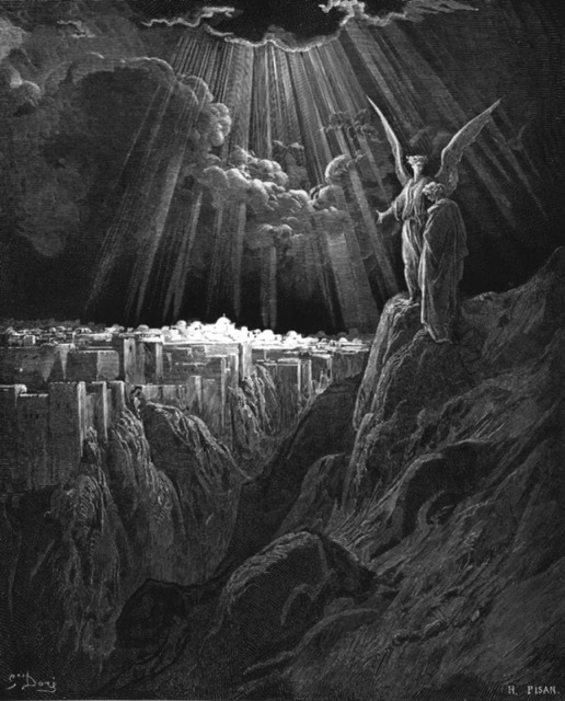 Engraving of the radiant city descending as John and the angel look on