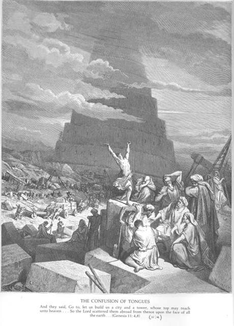 Engraving of the vast unfinished tower of Babel with crowds below