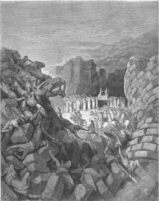 Engraving of Jericho's walls collapsing as Israel storms the city