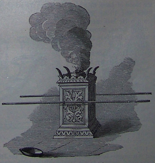 Engraving of the golden altar of incense with its horns and carrying rings