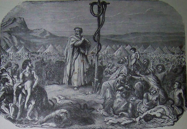Engraving of Moses raising the bronze serpent on a pole before the camp
