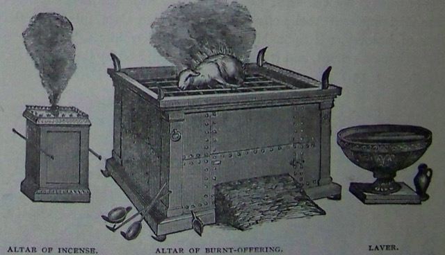 Engravings of the altar of incense, the altar of burnt-offering, and the bronze laver