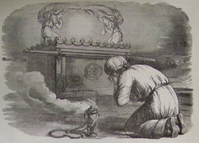 Engraving of the ark of the covenant crowned by the mercy seat with two facing cherubim