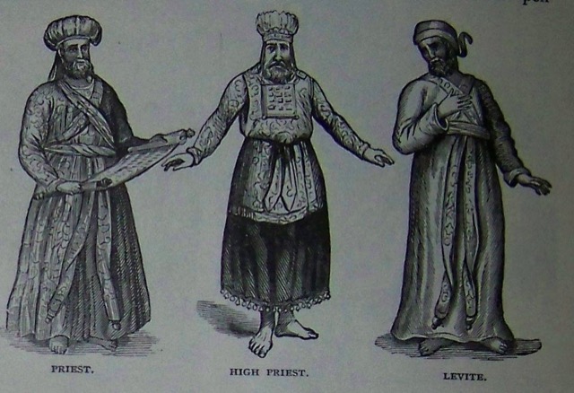 Engravings comparing the dress of a priest, the high priest, and a Levite