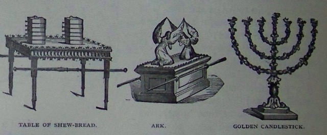 Engravings of the table of shewbread, the ark of the covenant, and the golden seven-branched lampstand