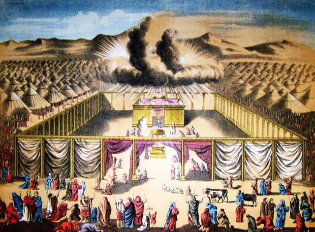 Engraving of the tabernacle tent within its fenced courtyard in the wilderness camp